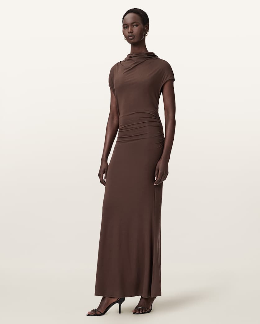 Selena Bodycon Maxi Dress Bitter Brown | ALLSAINTS Canada